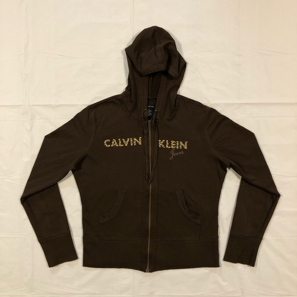 Calvin Klein Tops - Calvin Klein Women’s Long Sleeve 100% Cotton Full Zip Hoodie Brown Sweatshirt L